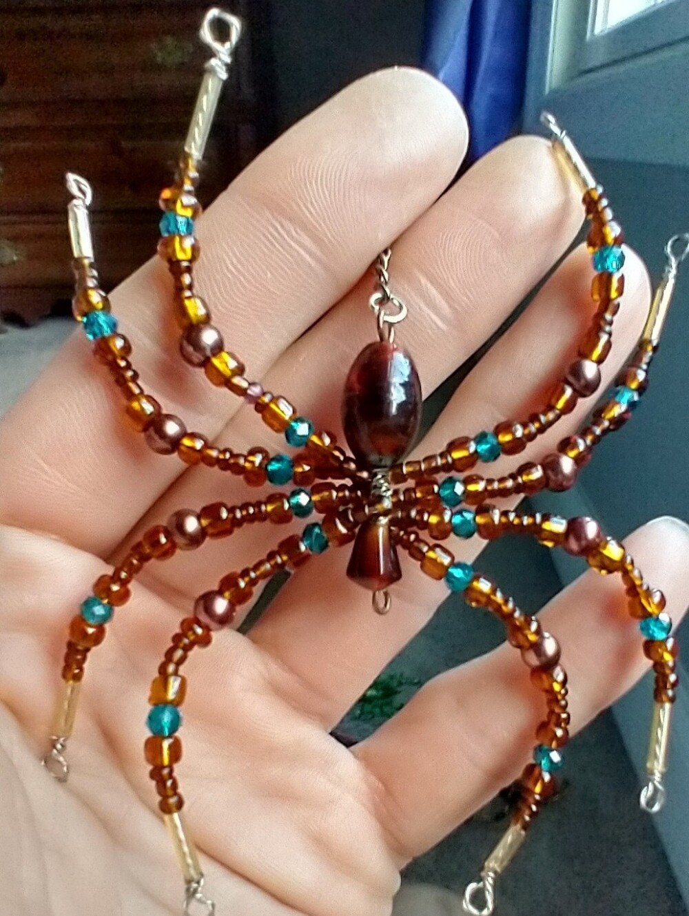 Hand Crafted Brown & Teal Beaded Spider Pendant Necklace